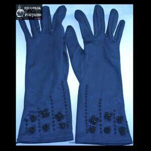 VINTAGE BLACK SATIN MID LENGTH BEADED GLOVES EVENING WEAR - MASS PRODUCED